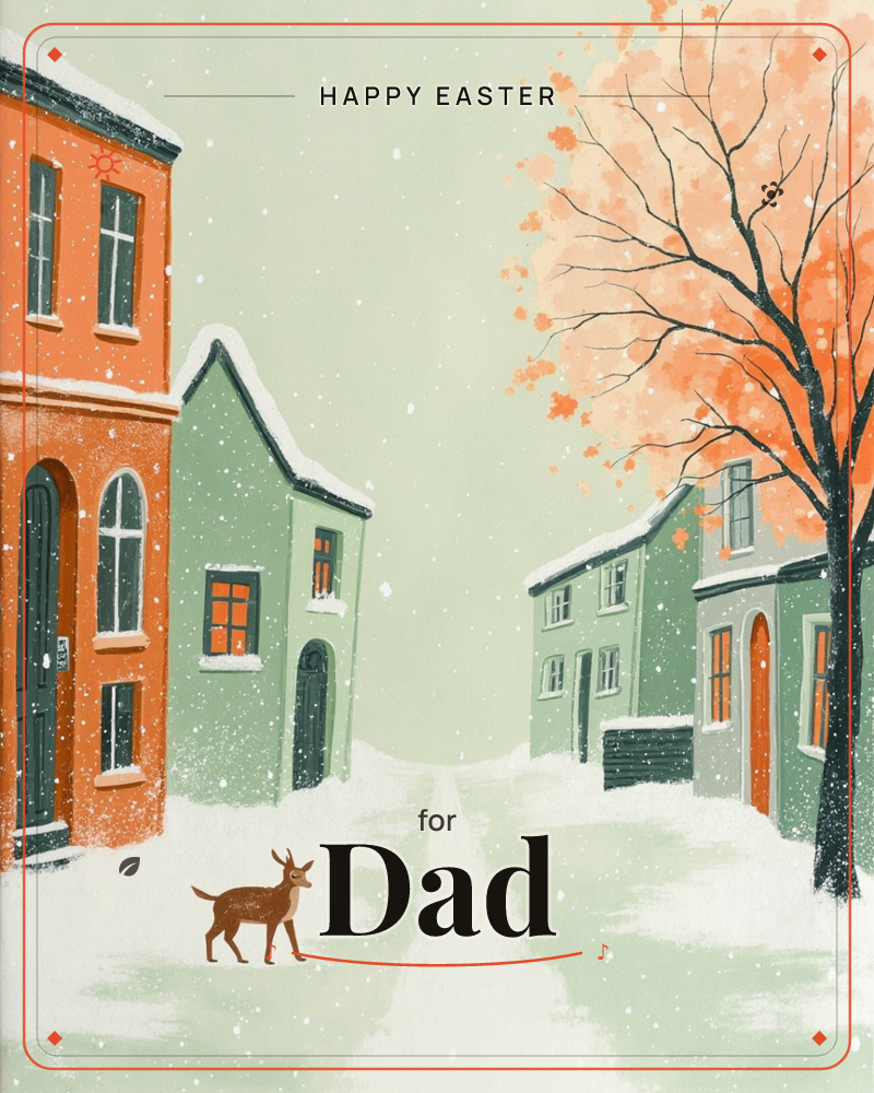 A quiet snow-covered street lined with sage-green and terracotta houses, their windows glowing warm orange against the falling snow, a easter e-card design