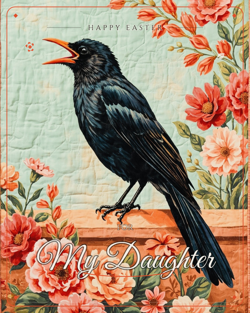 A glossy black bird with an open orange beak perches on a terracotta ledge, singing out against a pale mint-green backdrop textured like crumpled fabric, a easter e-card design