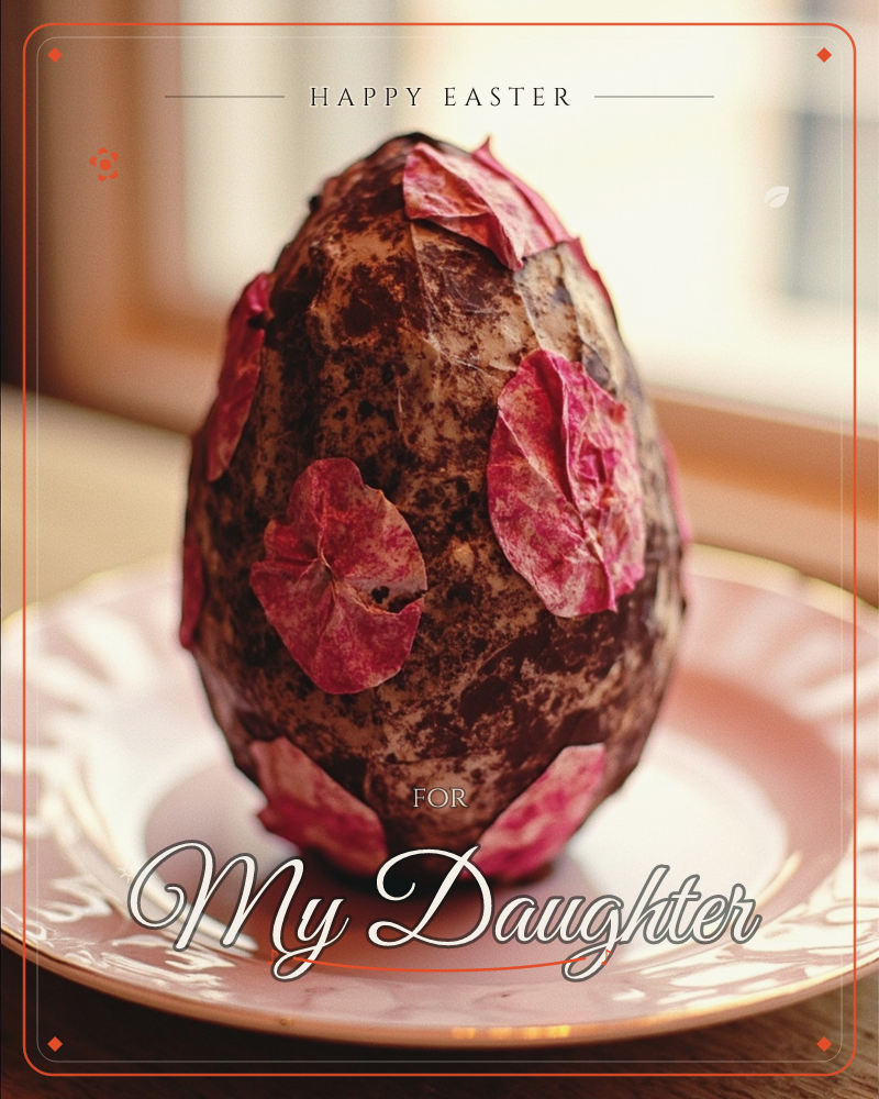 A large chocolate egg, dusted with cocoa and studded with delicate pink and burgundy sugar-paper petals, stands on a scalloped pink plate near a sunlit…, a easter e-card design