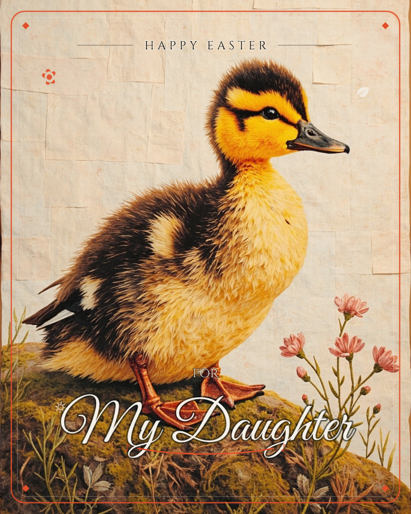 A fluffy yellow and brown duckling stands on a moss-covered rock, its webbed orange feet gripping the stone beside a cluster of small pink wildflowers, a easter e-card design
