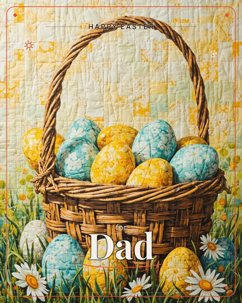 A woven wicker basket sits in spring grass, filled with speckled Easter eggs in floral-patterned turquoise and gold fabric prints, more eggs scattered…, a easter e-card design