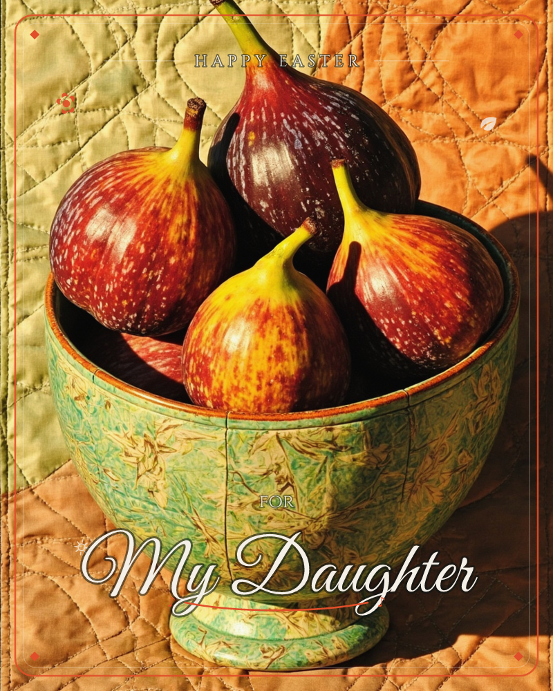 A cluster of ripe figs, their skins deep purple and freckled gold, sits piled in a crackle-glazed green pedestal bowl, a easter e-card design
