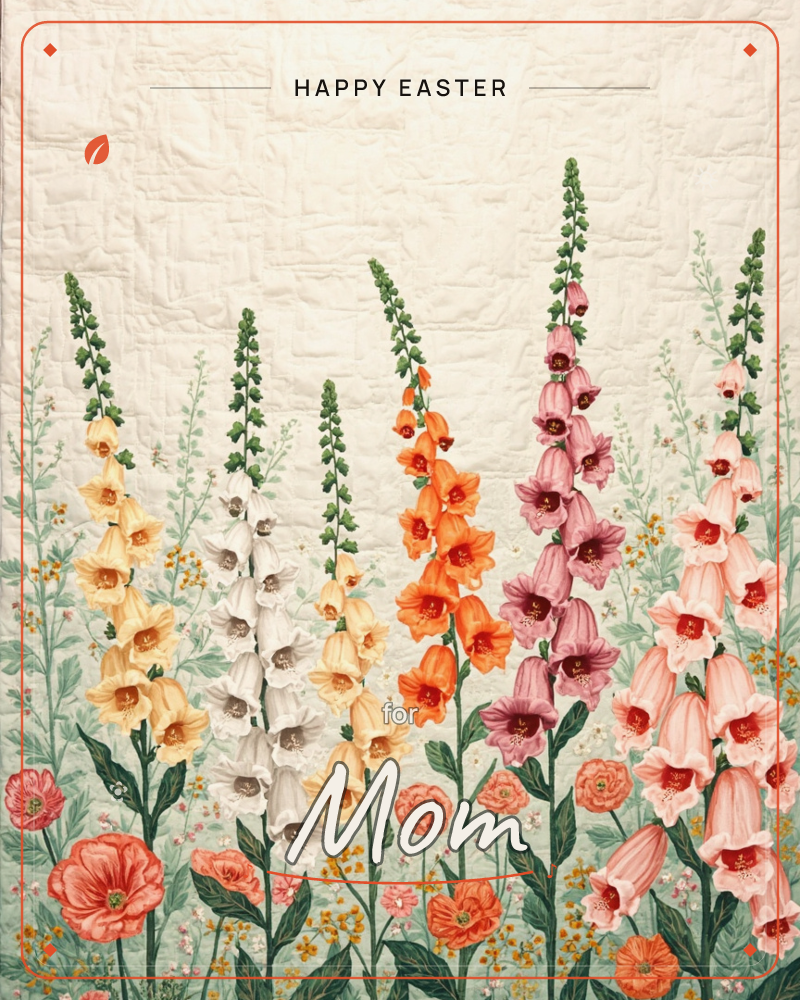 Tall spires of foxglove flowers rise in a row against a soft cream, textured background, their bell-shaped blooms ranging from pale yellow through…, a easter e-card design