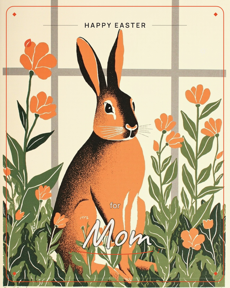 A tall orange hare sits upright among leafy stems and orange blossoms, set against a pale cream background crossed by faint grey window-pane lines, a easter e-card design