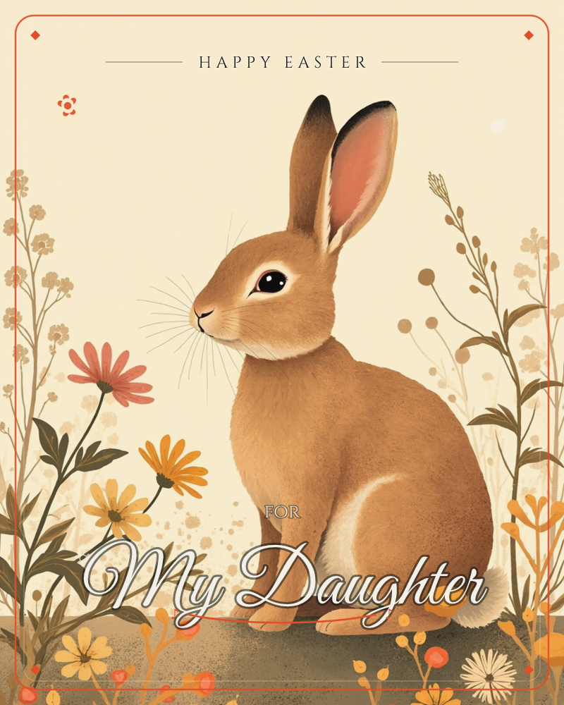 A brown rabbit sits upright on a mossy ledge, ears alert, surrounded by tall wildflowers in coral, gold and rust tones against a warm cream background, a easter e-card design