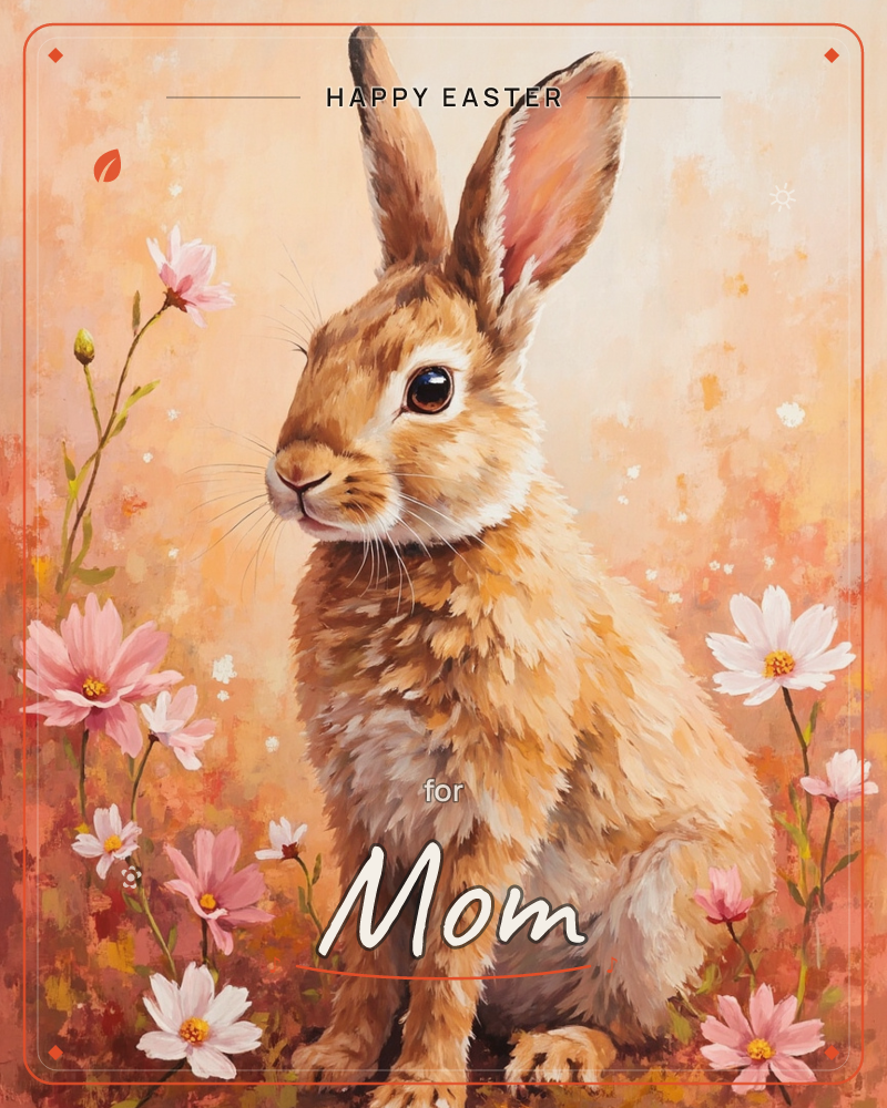 A painterly portrait shows a golden-brown rabbit sitting upright among pale pink cosmos flowers, its ears raised and one paw resting forward, a easter e-card design