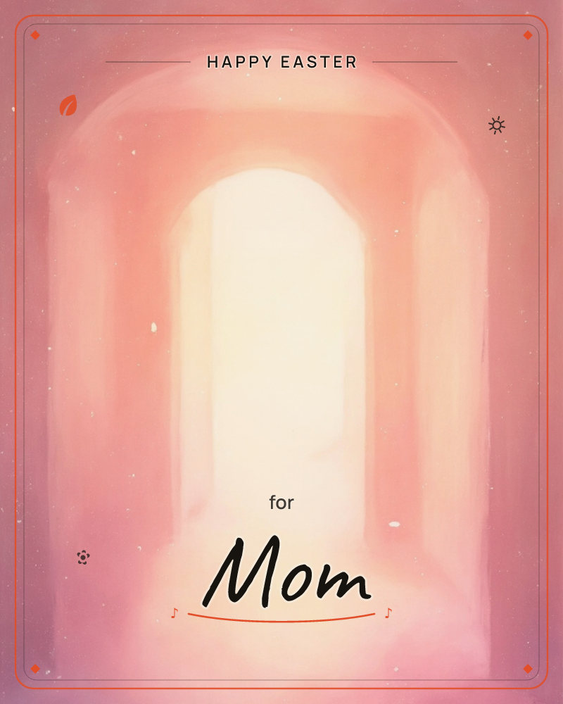 A softly painted archway glows from within, its stone edges blushed pink and rose while a warm, hazy light floods through the passage beyond, a easter e-card design