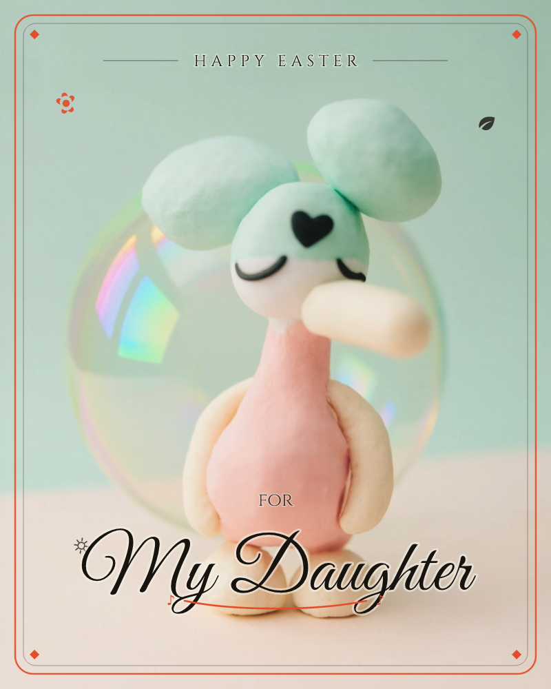 A soft claylike creature with a heart-shaped face marking, mint-green ears and a pink rounded body stands in front of a giant iridescent soap bubble…, a easter e-card design