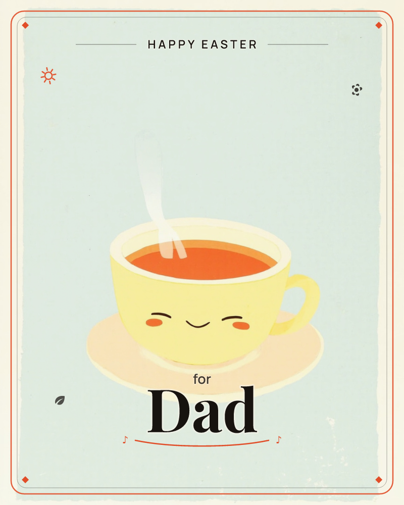 A cheerful yellow teacup sits on a pale pink saucer against a soft blue-grey background, its face drawn with a contented smile and rosy cheeks, a easter e-card design