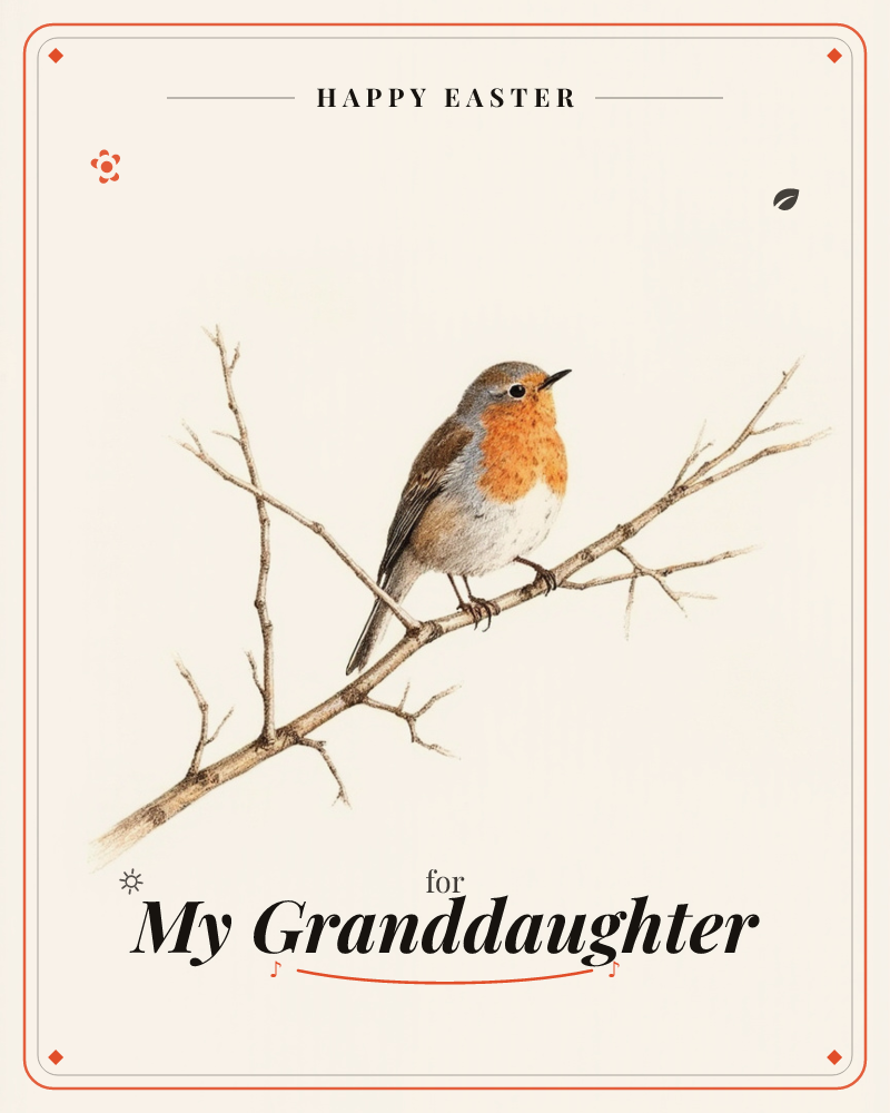 A robin with a bright orange-red breast perches on a bare, thorny branch against a plain cream background, a easter e-card design