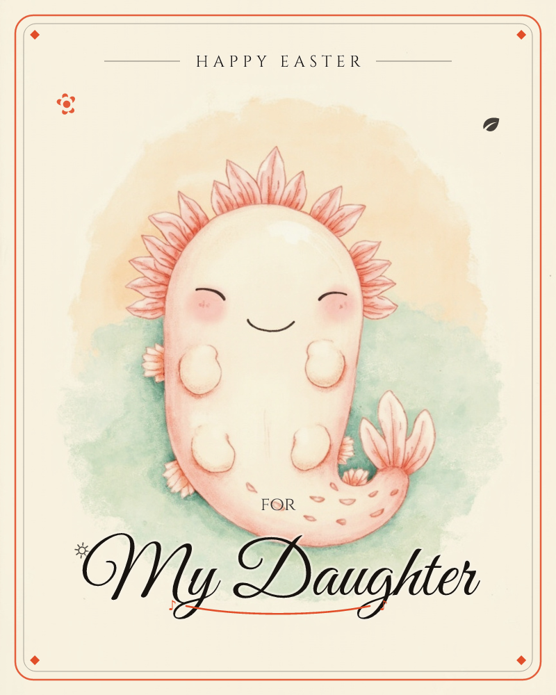 A pale pink axolotl sits smiling with eyes closed, its feathery gills fanned out like a little crown above rosy cheeks, a easter e-card design
