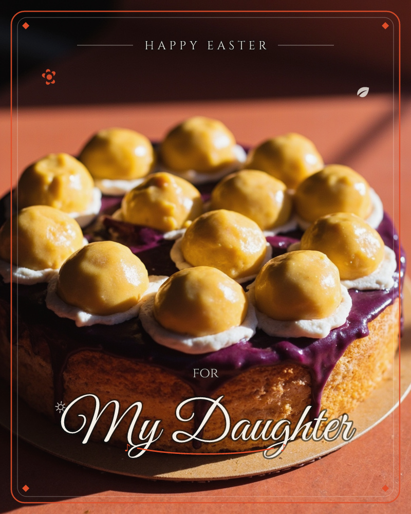 A round cake sits on a gold cardboard base against a warm terracotta backdrop, sunlight raking sharply across its surface, a easter e-card design