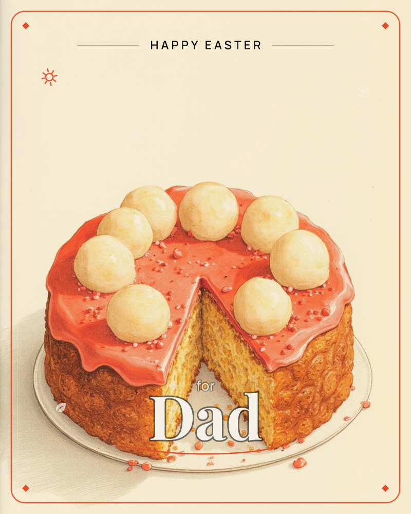A round sponge cake sits on a white plate against a plain cream background, its glossy coral-red glaze dripping down the sides and topped with a ring…, a easter e-card design