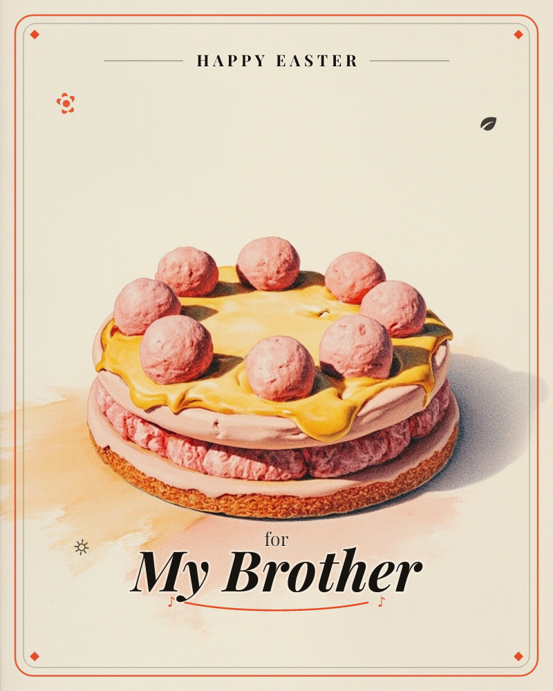 A single round cake sits centre stage on a plain cream background, its layers of pale sponge glazed with a golden, dripping icing and topped with eight…, a easter e-card design