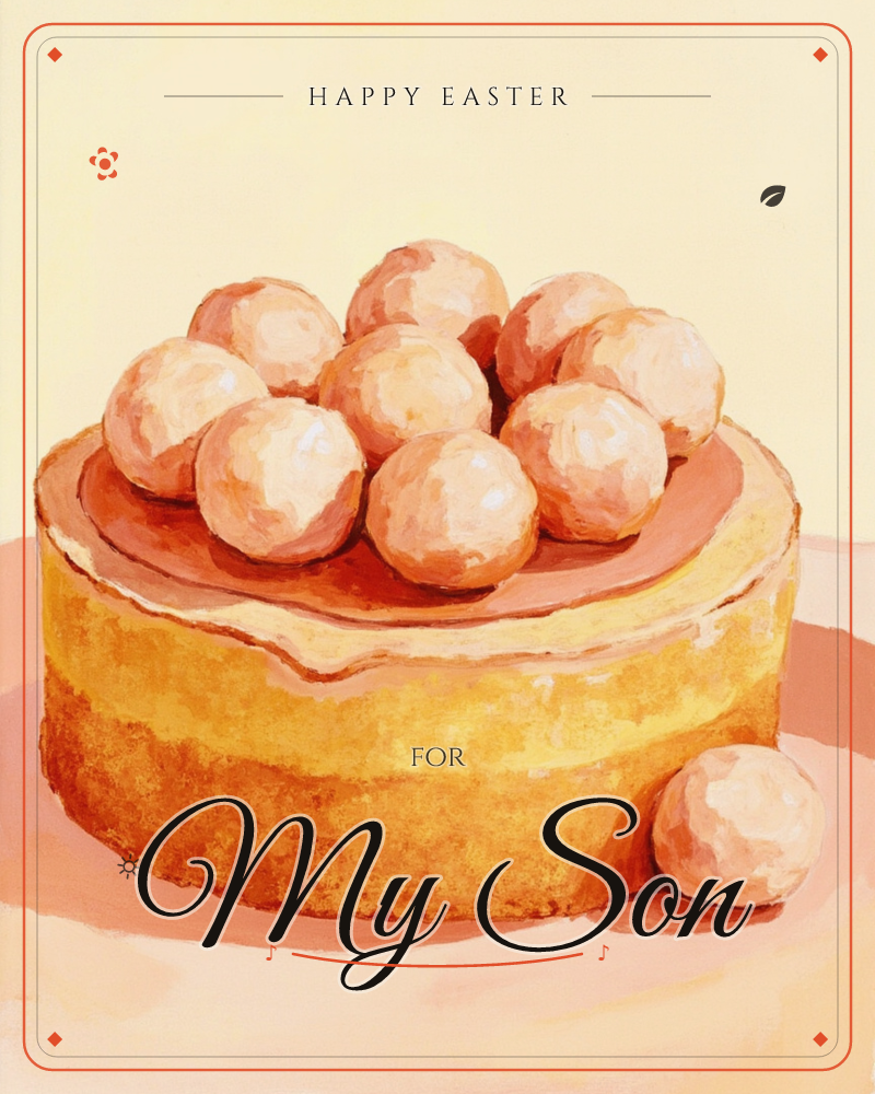 A round golden cake sits glazed in caramel, topped with a cluster of pale, pearly truffle balls, one having rolled loose onto the tabletop beside it, a easter e-card design