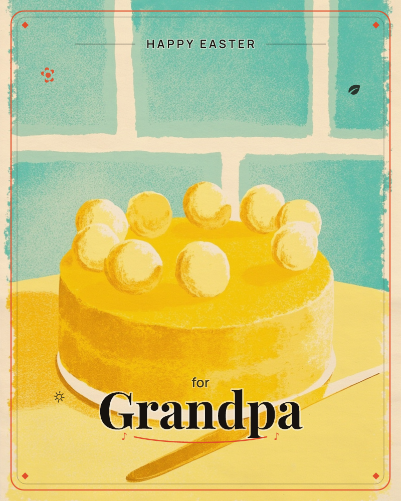A round golden cake frosted in warm yellow sits on a table before a tiled turquoise window, topped with a ring of pale cream truffle balls and a knife…, a easter e-card design