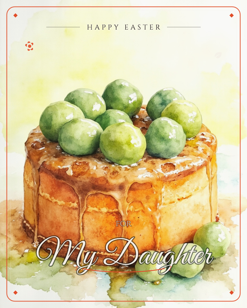 A round golden cake glazed with dripping syrup sits piled high with glossy green fruit, painted in soft watercolour washes, a easter e-card design