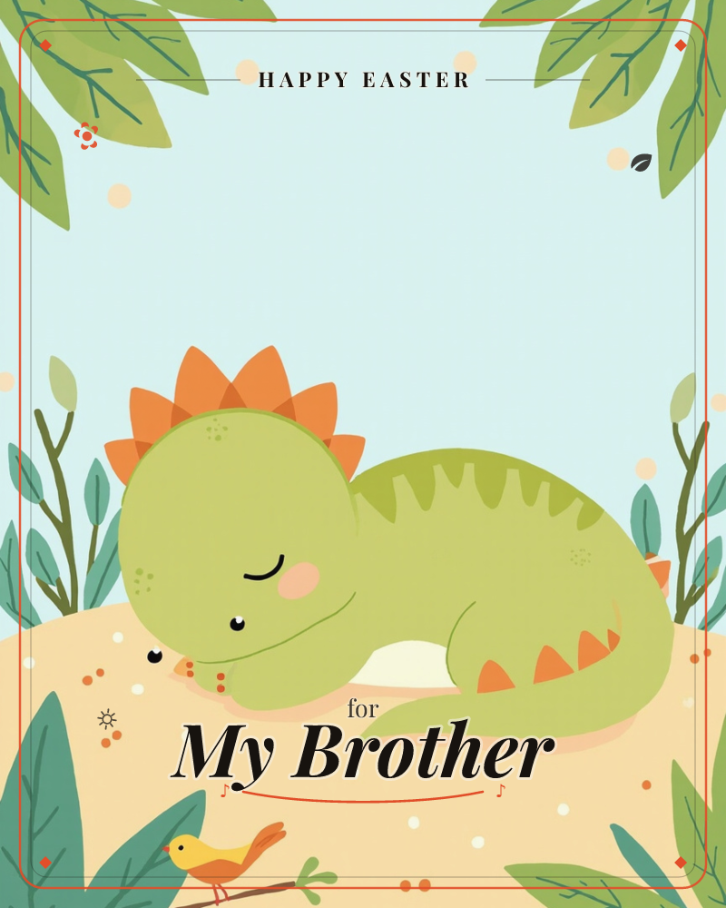 A round, sleepy green dinosaur with orange spines and spots curls up on a sandy mound, eyes closed in a peaceful smile, a easter e-card design