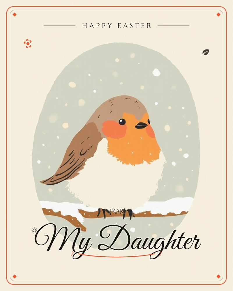 A round-bellied robin perches on a snow-dusted branch, set inside a soft sage-green oval against a cream background, a easter e-card design