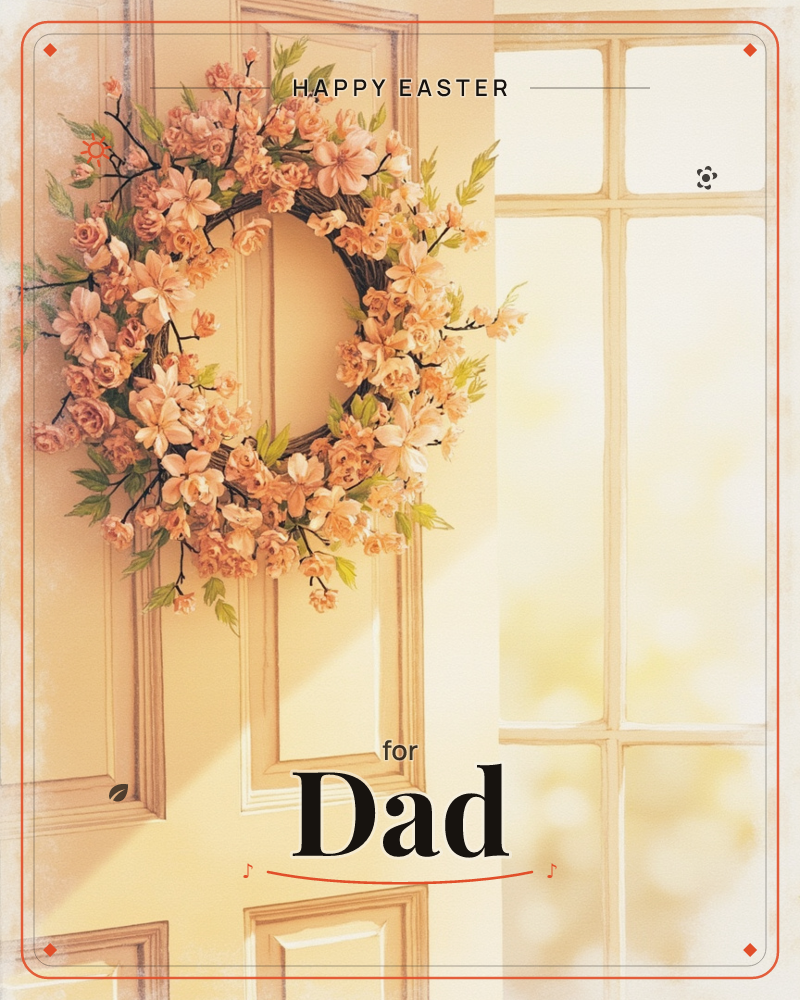 A floral wreath of peach roses, blossoms, and soft green leaves hangs on a paneled cream door beside a paned glass window filled with warm, hazy sunlight, a easter e-card design