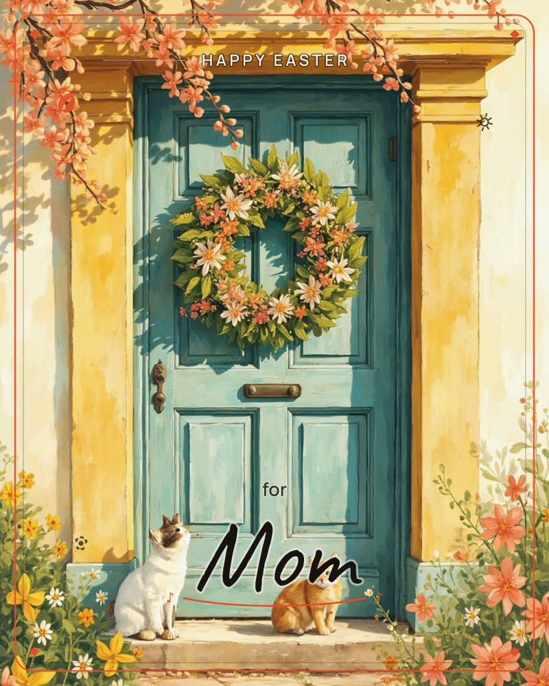 A teal front door is framed by mustard-yellow walls and hung with a wreath of pink and white blossoms, while blooming branches arch overhead, a easter e-card design