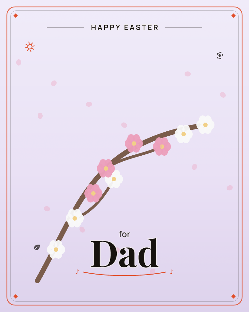 A slender branch of white and pink spring blossom against a pale lilac sky, with petals drifting loose, a easter e-card design
