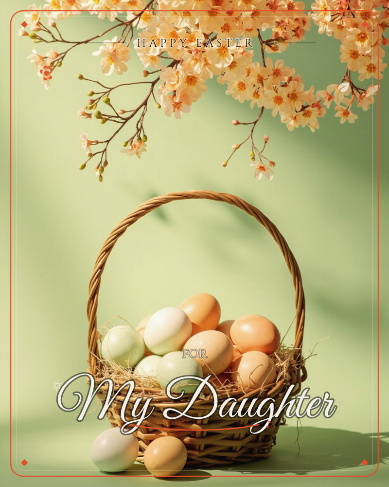 A woven wicker basket sits filled with pastel eggs in soft peach and mint tones, nestled in straw, with a few eggs spilled onto the sage-green surface…, a easter e-card design
