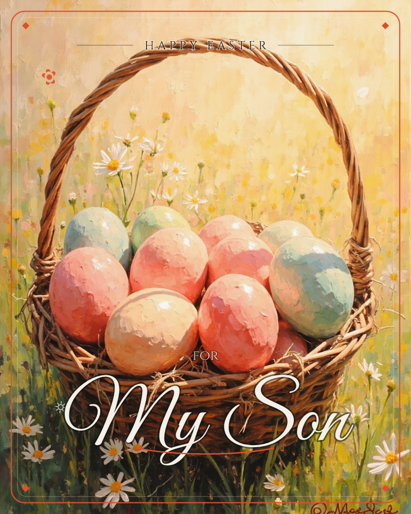 A woven wicker basket sits in a sunlit meadow, filled with pastel-painted eggs in pink, mint green, and soft yellow, a easter e-card design