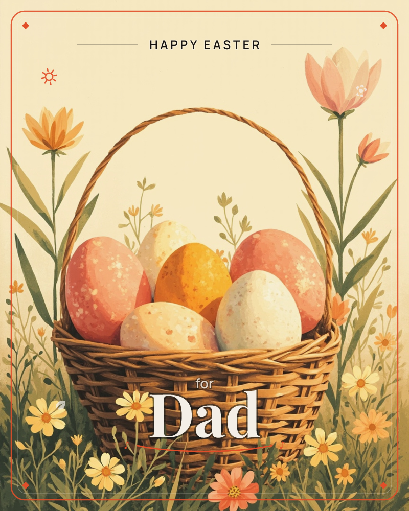 A woven wicker basket sits nestled among wildflowers, filled with speckled Easter eggs in coral, gold, cream and soft yellow, a easter e-card design