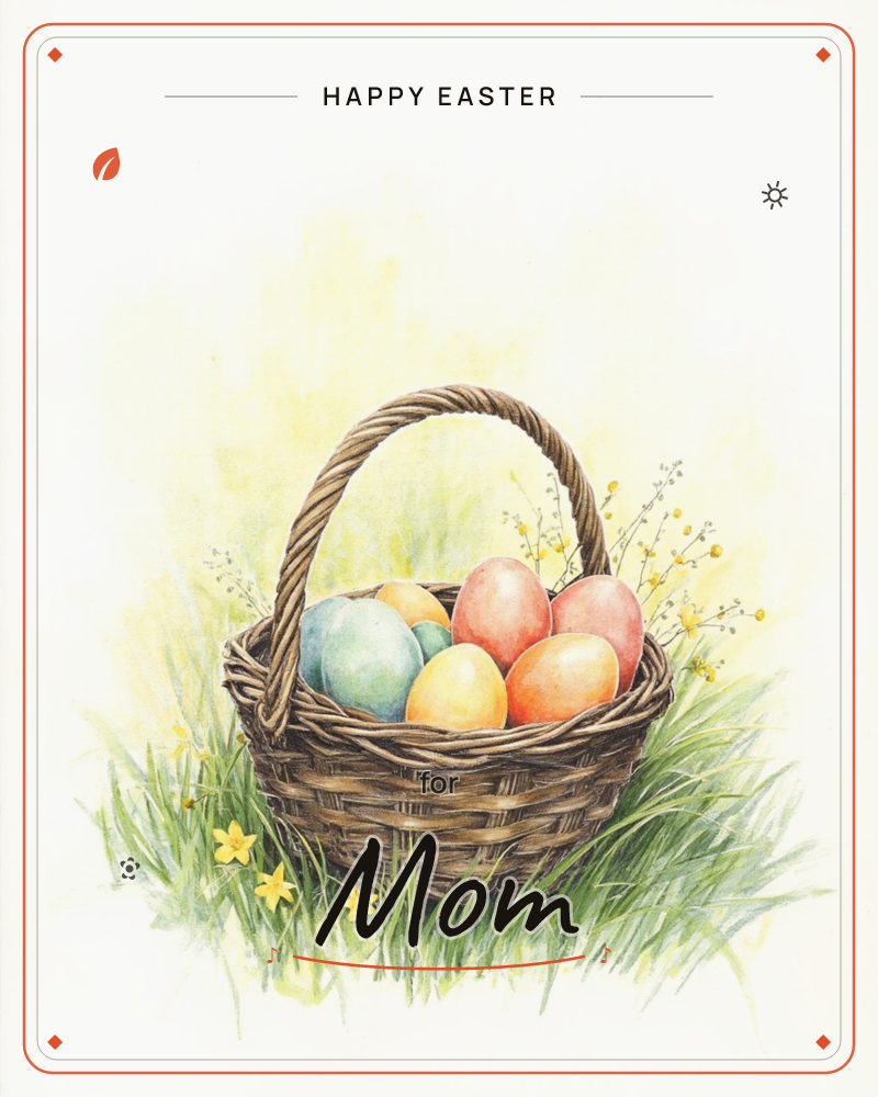 A woven wicker basket sits in tall grass, filled with dyed eggs in blue, yellow, orange and coral pink, a easter e-card design