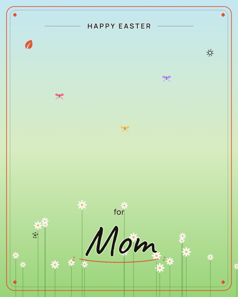 A soft gradient sky fades from grey-blue at the top into pale green, meeting a meadow of simple daisies on tall thin stems, a easter e-card design by @DittyCityTeam