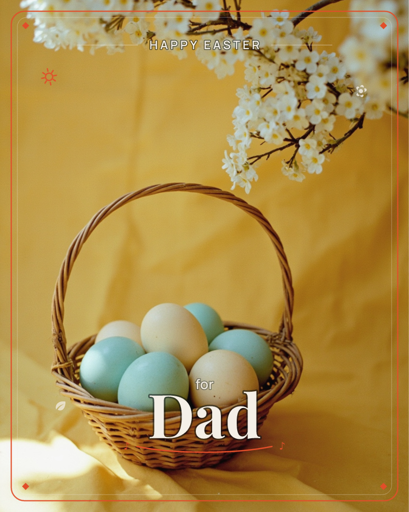 A woven wicker basket sits full of pale cream and soft blue eggs against a mustard-yellow backdrop, with a flowering branch of small white blossoms…, a easter e-card design