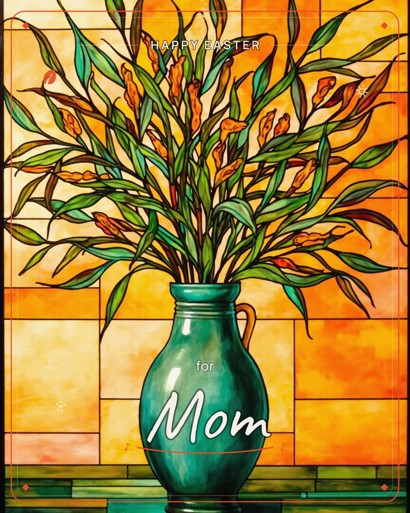 A stained-glass style illustration shows a teal-green pitcher vase holding tall sprays of orange budded flowers and long green leaves, set against a…, a easter e-card design