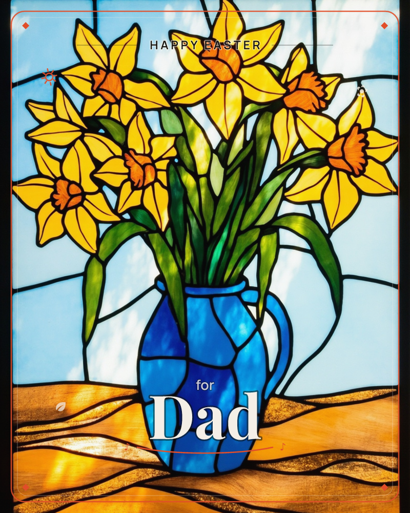 A stained-glass style illustration shows a bunch of yellow daffodils with orange centres bursting from a blue jug, set against a pale sky-blue…, a easter e-card design