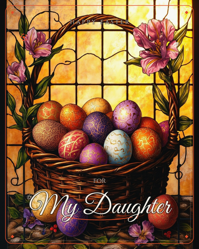A woven basket brims with Easter eggs painted in rich jewel tones and traced with fine gold filigree, set against a glowing stained-glass window of…, a easter e-card design