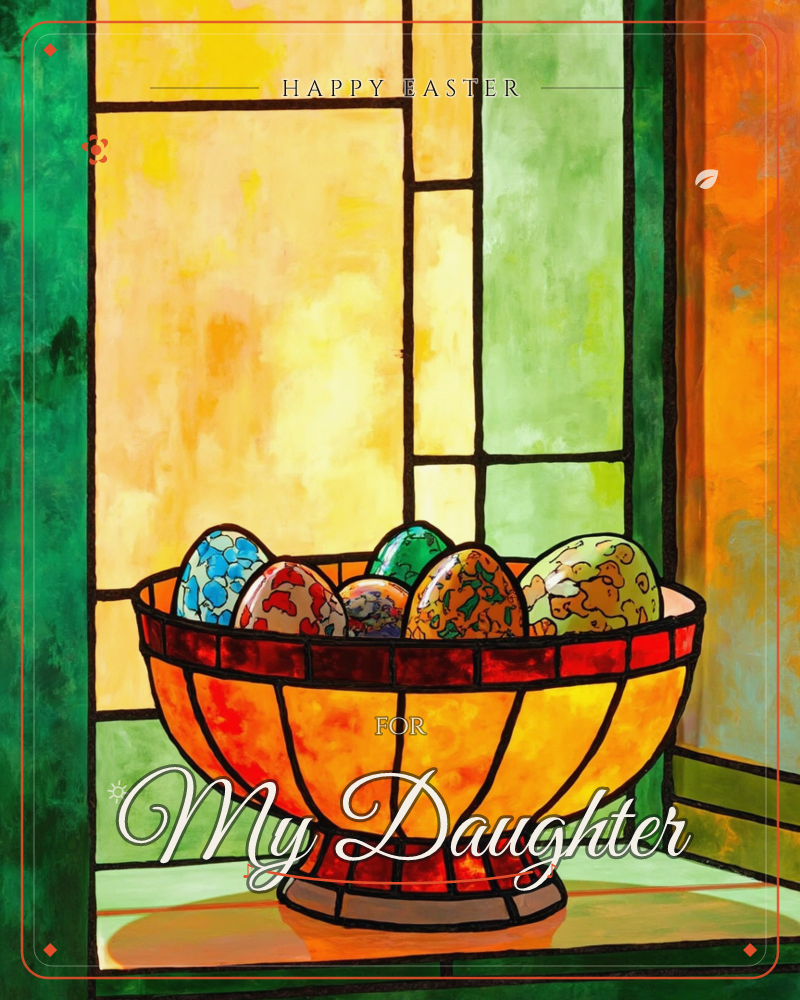 A stained-glass style painting shows a glowing orange pedestal bowl filled with hand-painted eggs, each patterned in mottled blues, reds, greens and golds, a easter e-card design
