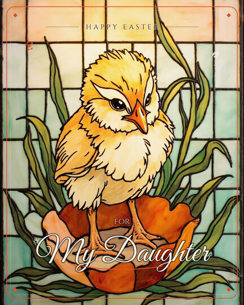 A stained-glass style illustration shows a fluffy yellow chick standing atop a cracked orange eggshell, surrounded by tall green leaves against a paned…, a easter e-card design