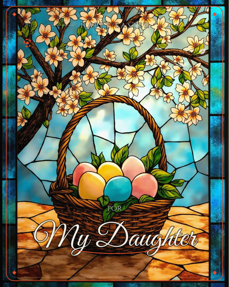 A stained-glass style illustration shows a woven basket filled with pastel Easter eggs in pink, yellow, and blue, nestled among green leaves, a easter e-card design