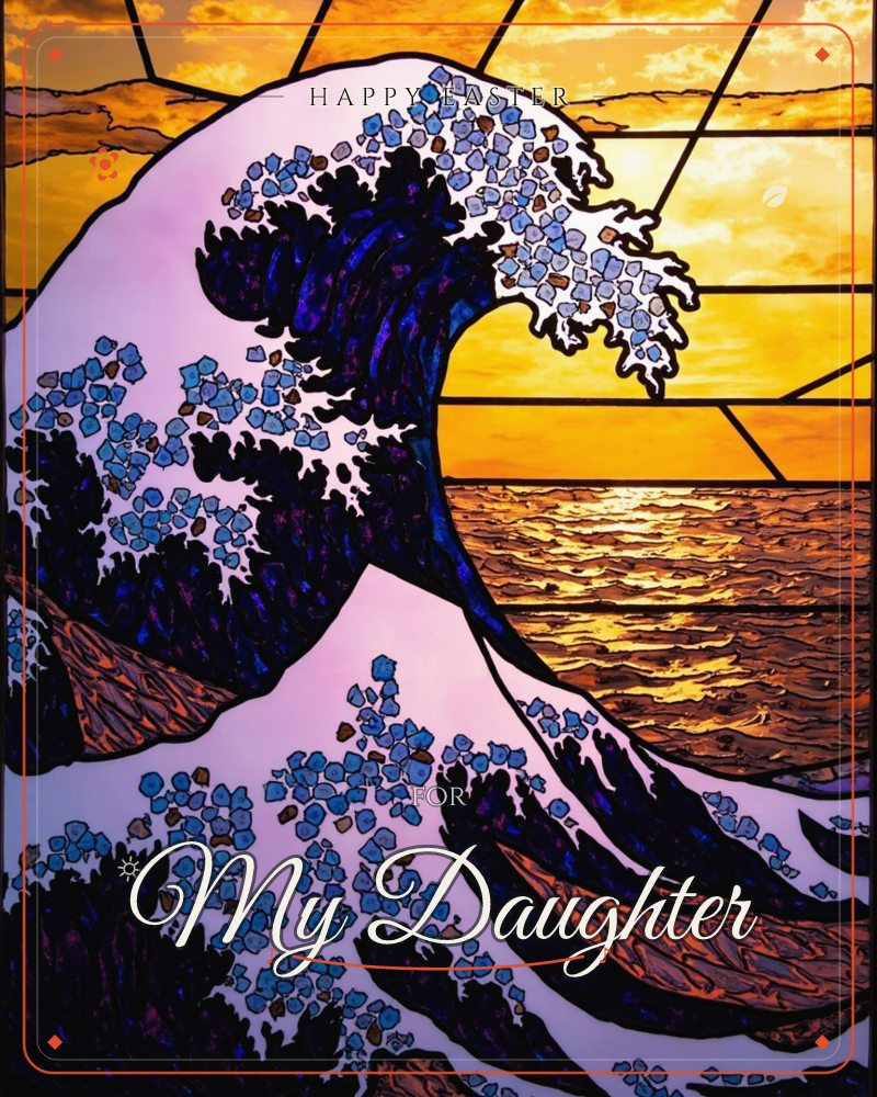 A towering wave curls in dark indigo and lavender, its foam broken into scattered pieces of blue and white glass, rendered as a stained-glass window…, a easter e-card design