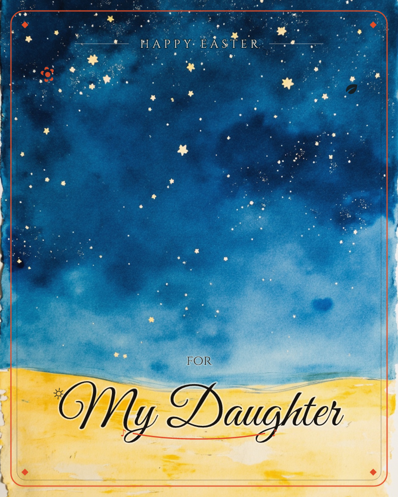 A wide expanse of golden sand meets a deep indigo night sky scattered with hand-painted gold and white stars, a easter e-card design