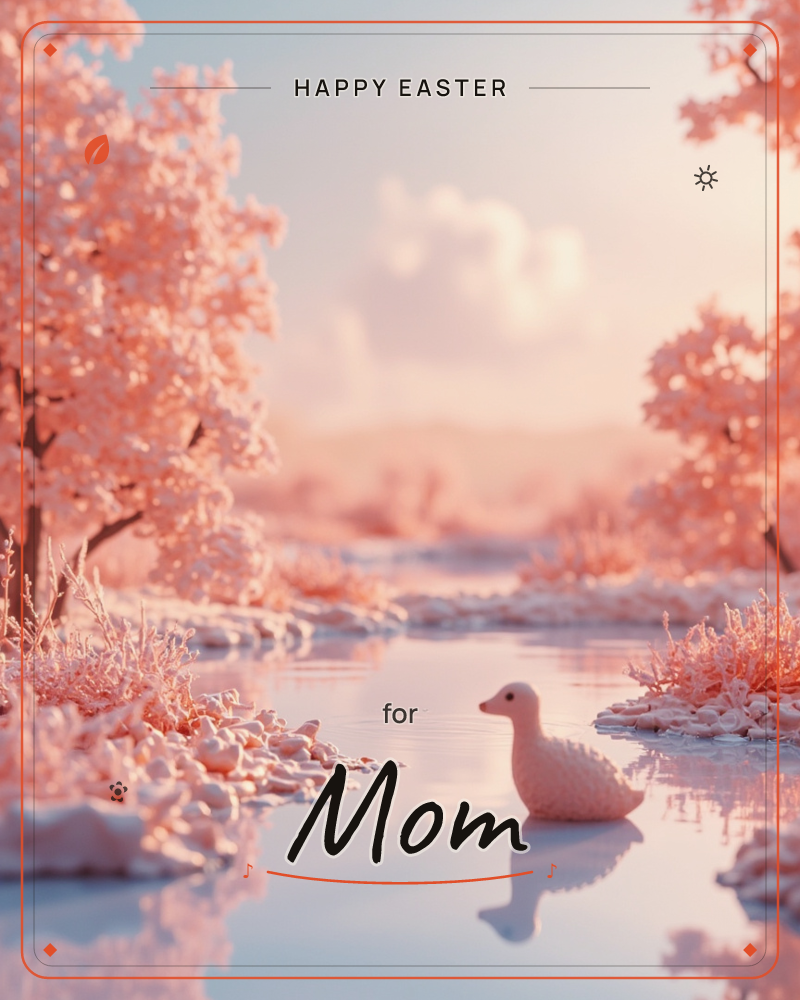 A small clay-textured duck floats alone on a still, glassy river winding through a frost-pink landscape of blossoming trees, a easter e-card design