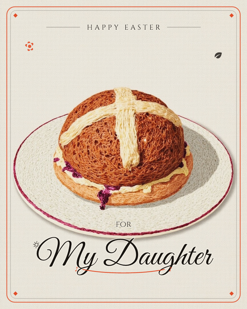 A hot cross bun sits split and buttered on a white plate, its pale cross gleaming against a deep spiced-brown crust, with jam oozing at the edges, a easter e-card design