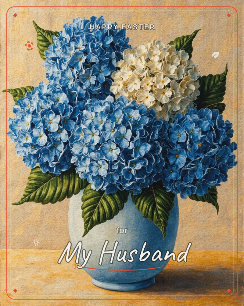 A rounded pale blue vase holds a full, rounded bouquet of hydrangeas, mostly cornflower blue with one cluster of creamy white blooms tucked among them…, a easter e-card design