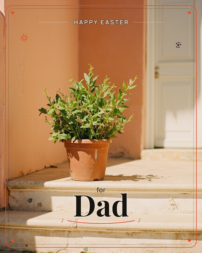 A terracotta pot of leafy green herbs sits on sunlit stone steps against a warm salted-peach wall, with a pale blue-grey door standing just ajar in the…, a easter e-card design