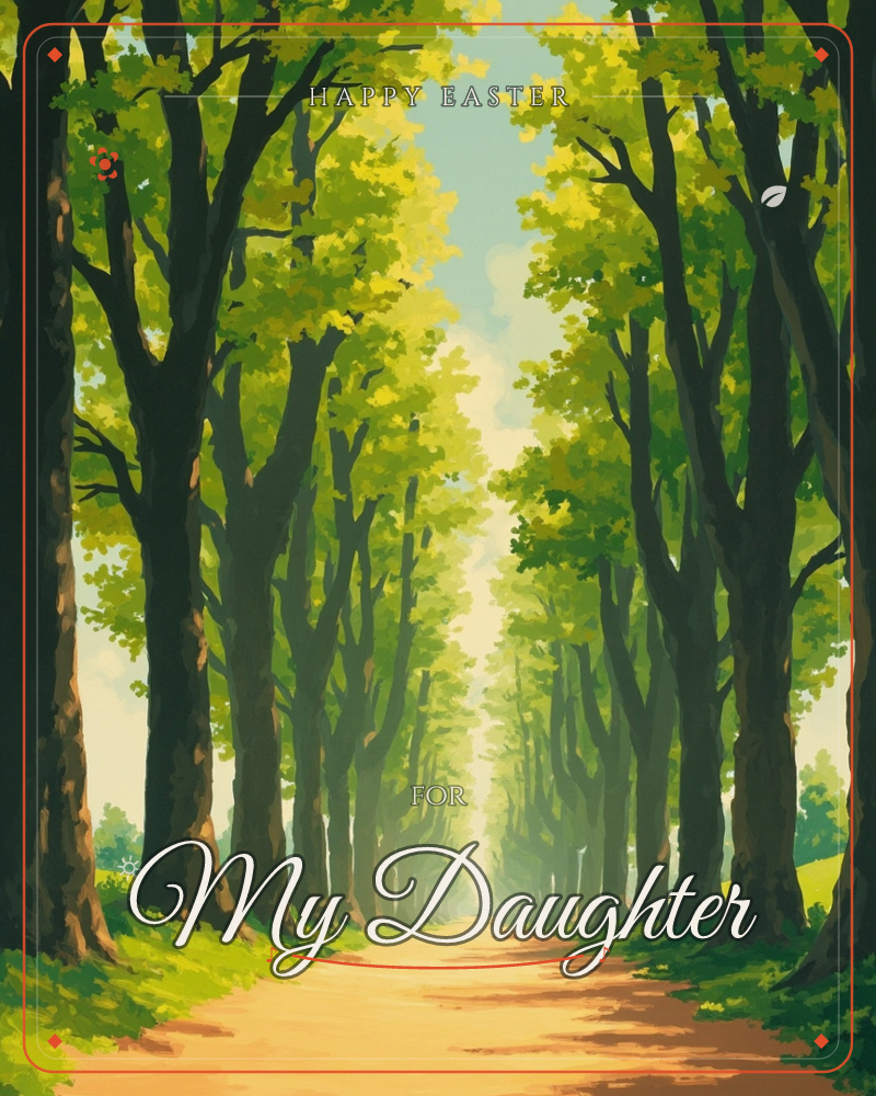 A long dirt path stretches straight ahead through a double row of tall, leafy trees, their canopies arching together to form a green tunnel, a easter e-card design
