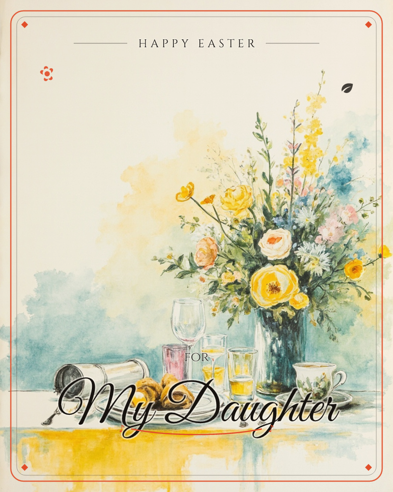 A breakfast table is set with croissants on a plate, a teacup, juice, and slender glasses, all beside a tall vase overflowing with yellow roses, pink…, a easter e-card design