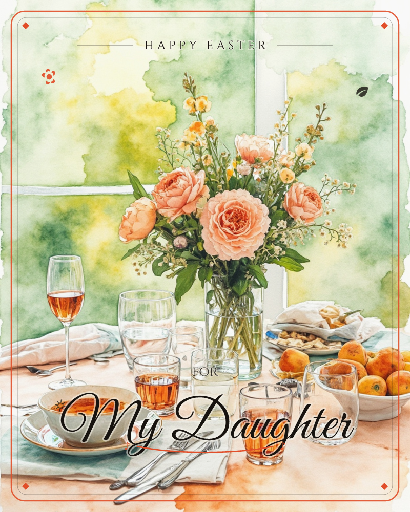 A watercolour table setting glows in front of a leafy green window, with a glass vase of peach roses and wildflowers as the centrepiece, a easter e-card design