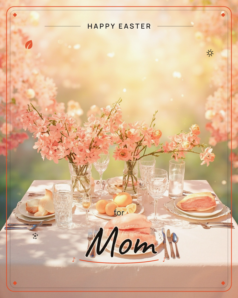 A table is set outdoors under a haze of blossoming branches, with vases of pink flowers, glassware, and plates of peaches and bread laid out on a pale…, a easter e-card design