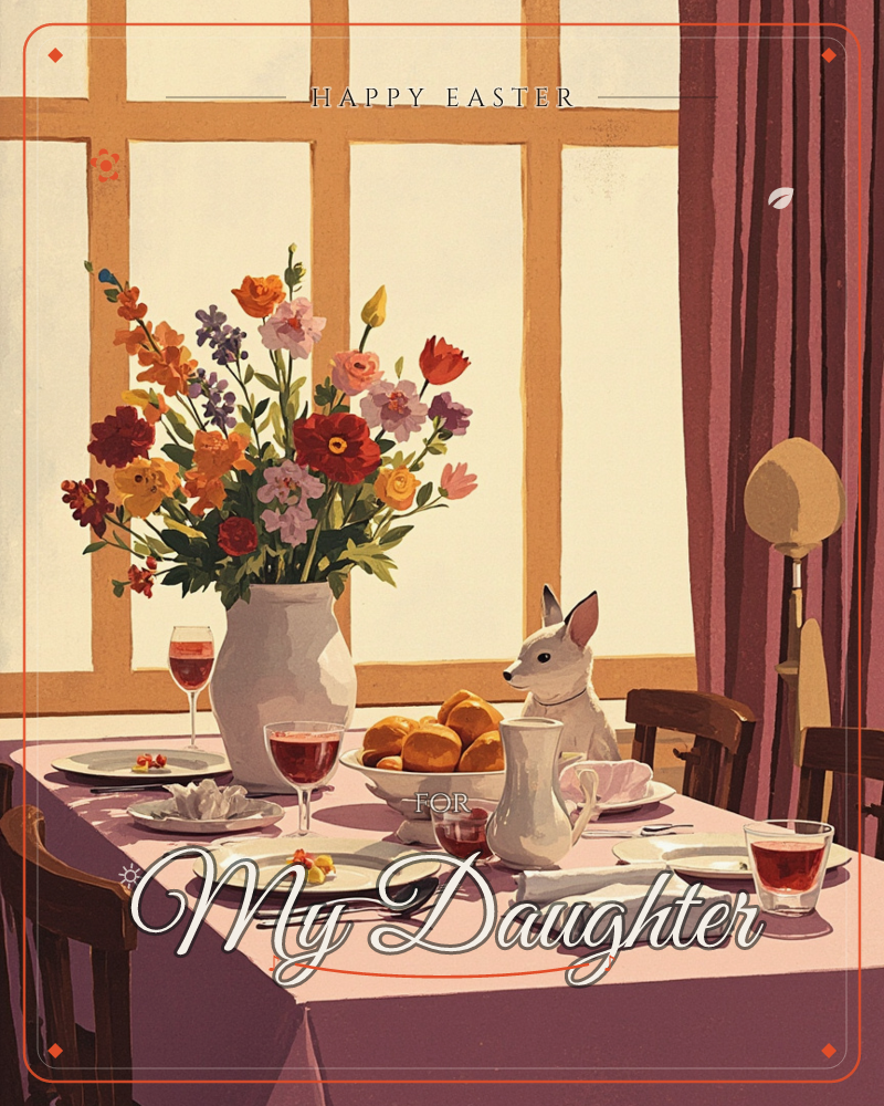 A dining table set for a meal glows in front of a sunlit window, with a white dog perched attentively beside a basket of bread rolls, a easter e-card design