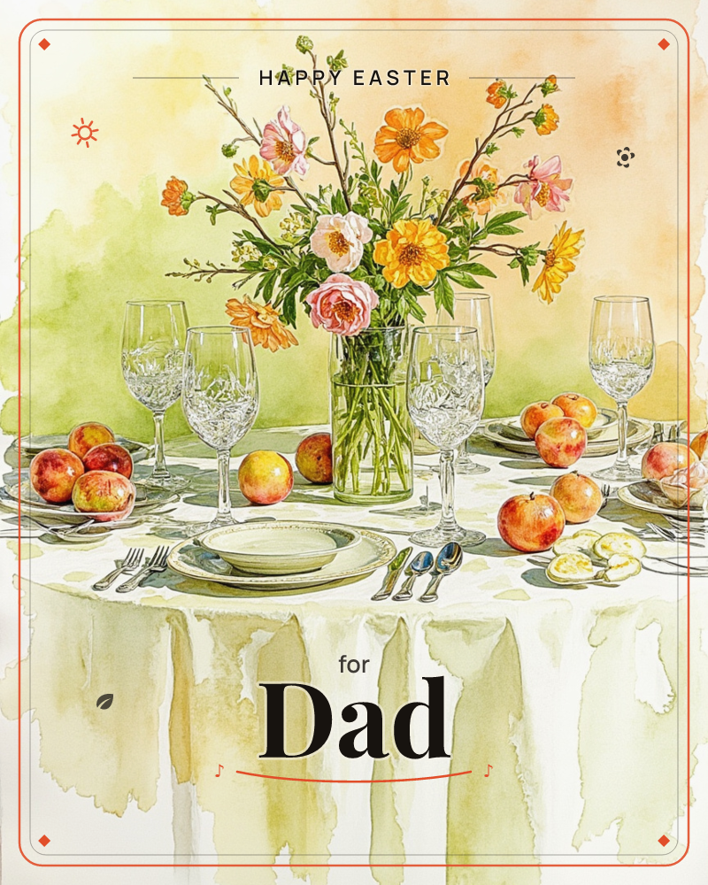 A round table is set with crystal wineglasses, pale plates and cutlery, ready for a gathering, a easter e-card design